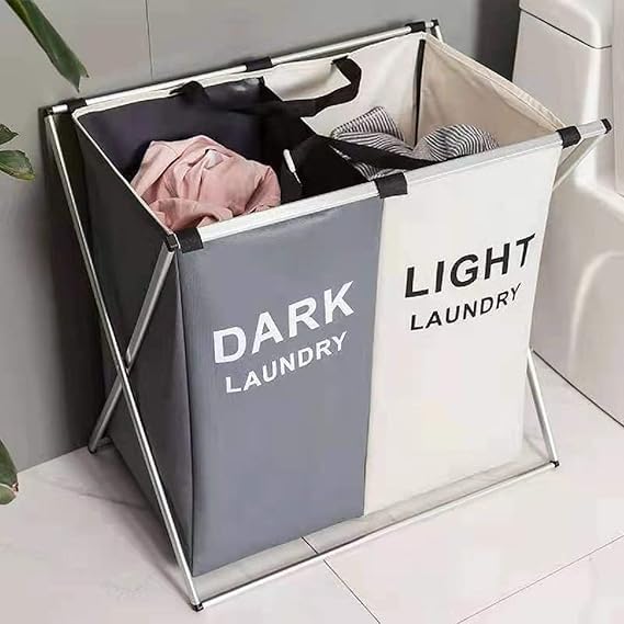 Jolfay Laundry Basket 2 Section Hamper Washing Storage Basket Bag Folding Hamper Waterproof Compartments Dirty Clothes Bag Clothes Sorter and Handle for Bathroom Bedroom - Image 1