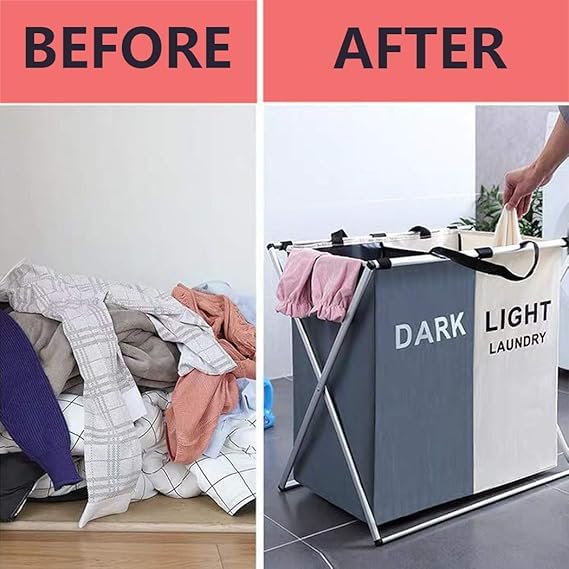 Jolfay Laundry Basket 2 Section Hamper Washing Storage Basket Bag Folding Hamper Waterproof Compartments Dirty Clothes Bag Clothes Sorter and Handle for Bathroom Bedroom - Image 4