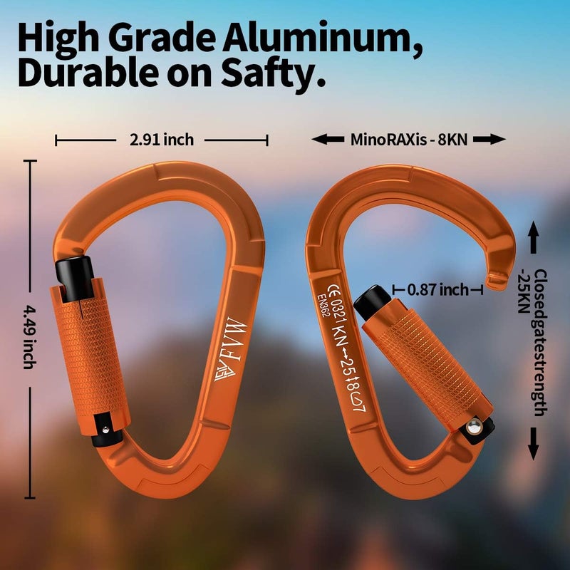 FVW Auto Locking Rock Climbing Carabiner Clips, UIAA Certified Professional 25KN (5620 lbs) Heavy Duty Caribeaners for Rappelling Swing Rescue & Gym etc,Large Carabiners,D-Shaped - Image 2