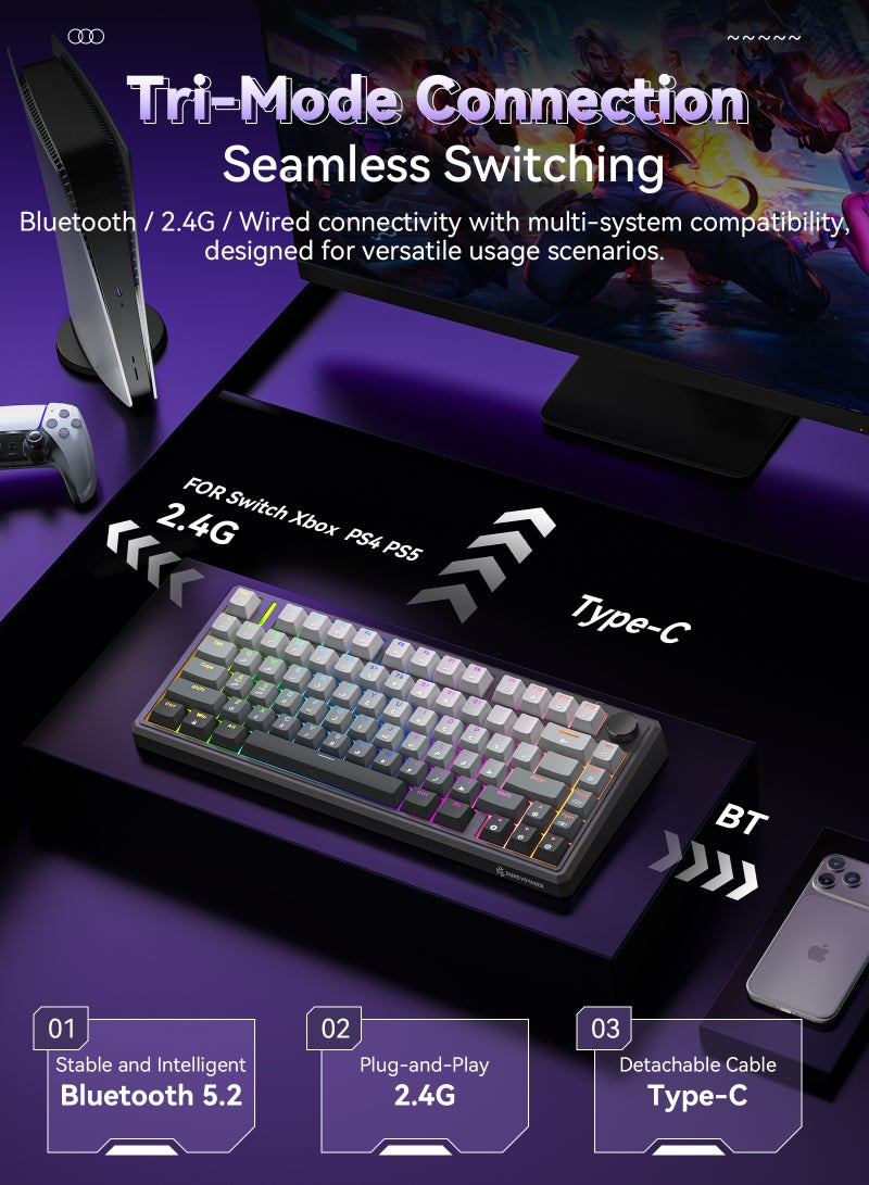 مسافر الكثبان لوحة مفاتيح ألعاب ميكانيكية لاسلكية G75 بإضاءة RGB 16.8 مليون لون وبرنامج ماكرو، تصميم 75% مع 80 مفتاحا، هيكل Gasket، أغطية مفاتيح PBT مزدوجة الحقن، إضاءة خلفية، بطارية 8000mAh، وتبديل سريع لجميع المفاتيح - Image 3