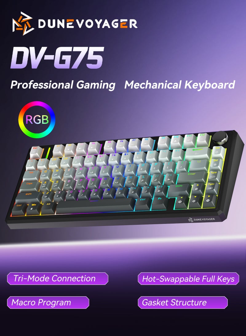 مسافر الكثبان لوحة مفاتيح ألعاب ميكانيكية لاسلكية G75 بإضاءة RGB 16.8 مليون لون وبرنامج ماكرو، تصميم 75% مع 80 مفتاحا، هيكل Gasket، أغطية مفاتيح PBT مزدوجة الحقن، إضاءة خلفية، بطارية 8000mAh، وتبديل سريع لجميع المفاتيح - Image 1