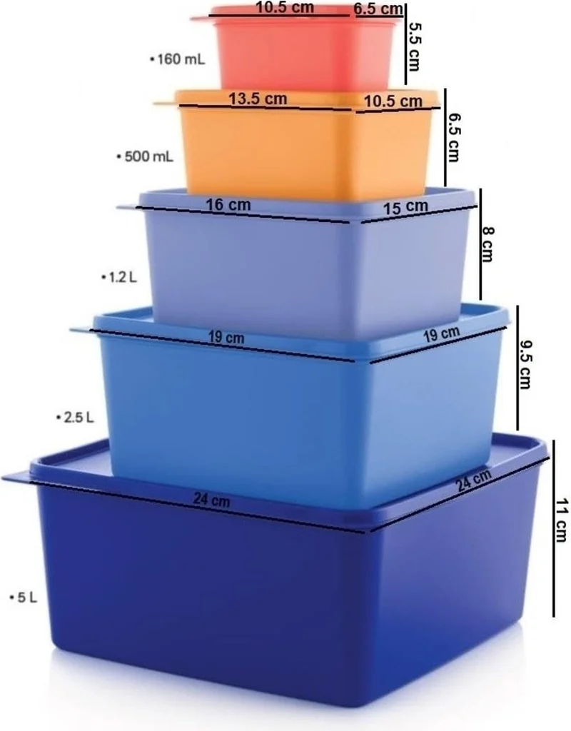Tupperware Square Storage Container 5-Piece Multi-Purpose Box Colorful