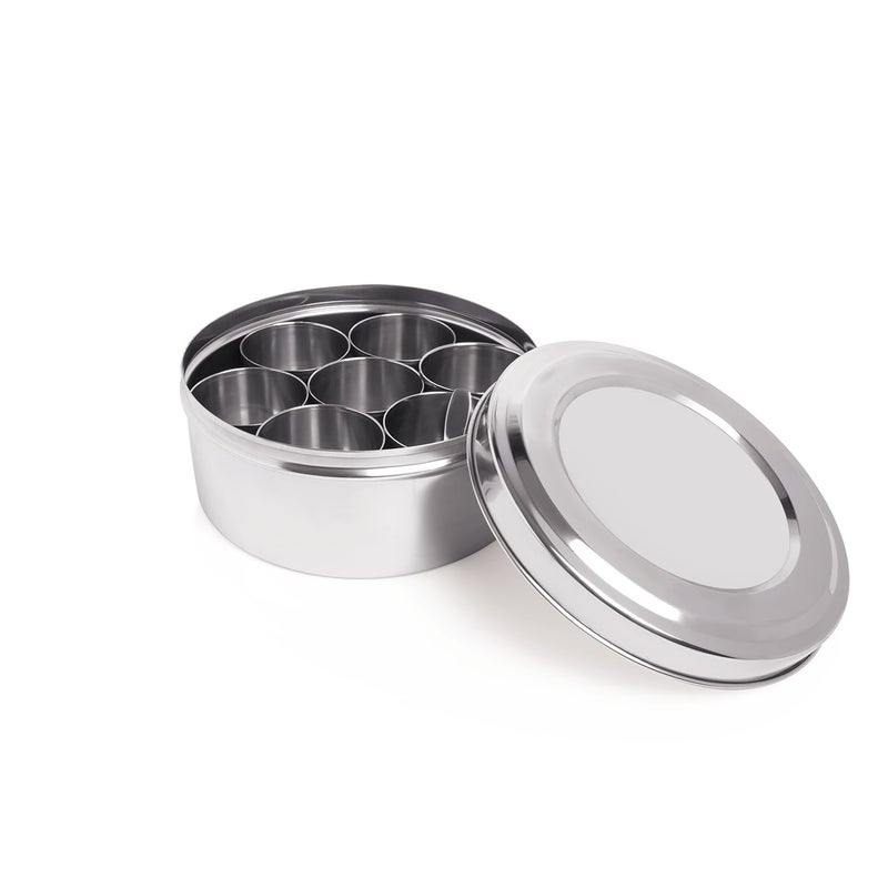 ProKart Premium 7 in 1 Stainless Steel Round Shape Big Masala (Spice) Box | Masala Dani With See Through Lid 7 Containers And Spoons | Masala Dabba For Kitchen (Silver- Round 7In1) - Image 3
