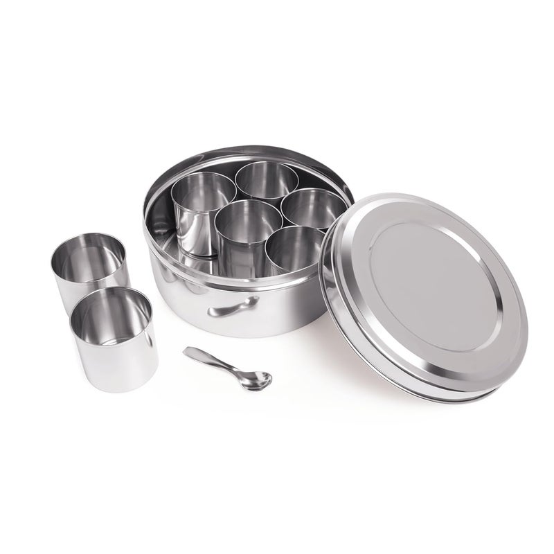 ProKart Premium 7 in 1 Stainless Steel Round Shape Big Masala (Spice) Box | Masala Dani With See Through Lid 7 Containers And Spoons | Masala Dabba For Kitchen (Silver- Round 7In1) - Image 2