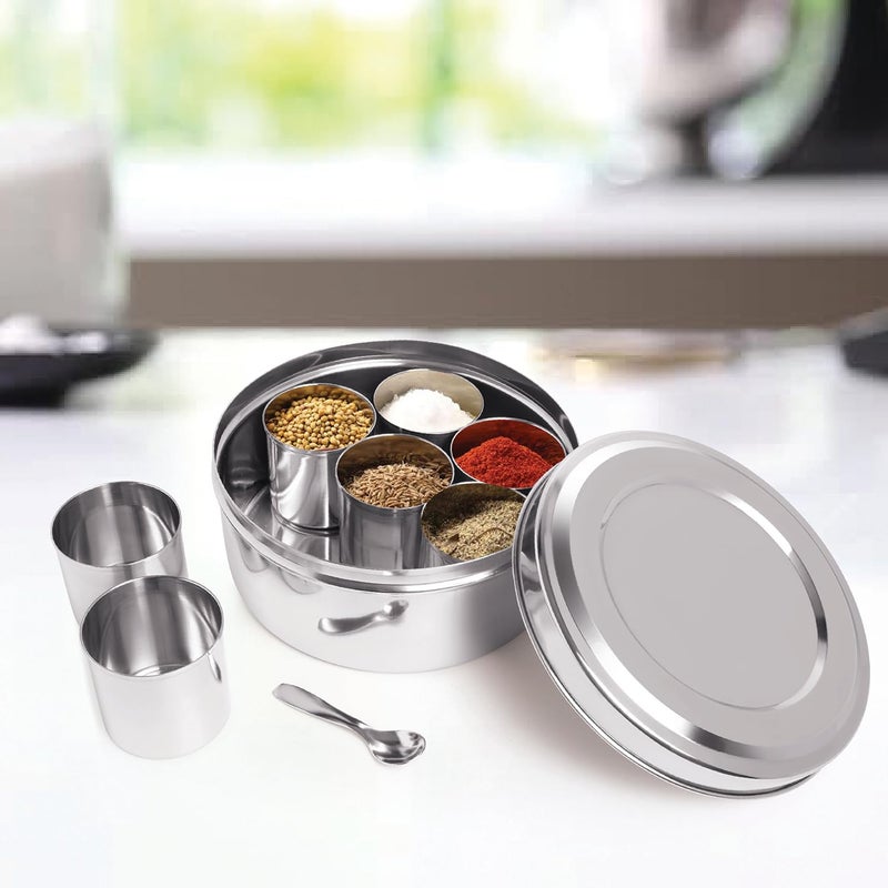 ProKart Premium 7 in 1 Stainless Steel Round Shape Big Masala (Spice) Box | Masala Dani With See Through Lid 7 Containers And Spoons | Masala Dabba For Kitchen (Silver- Round 7In1) - Image 1