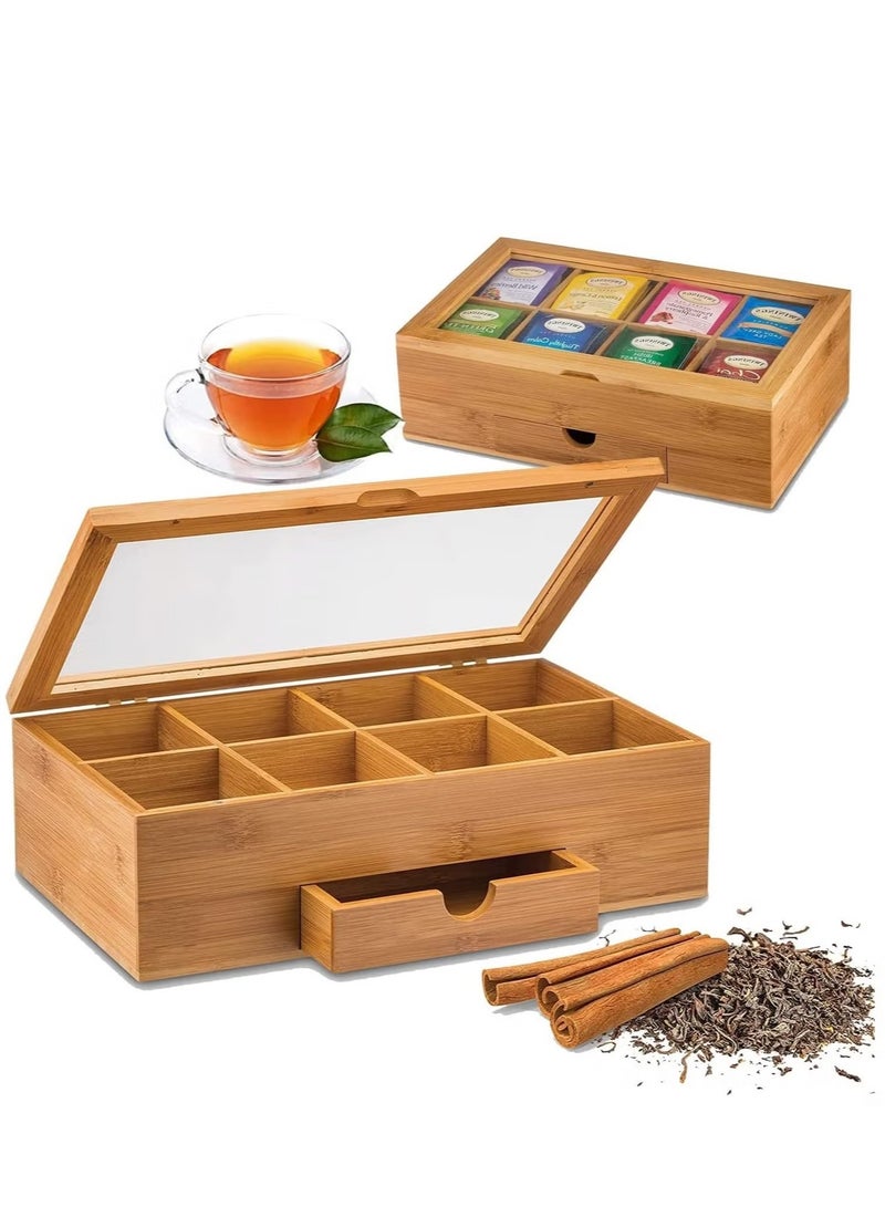 بيوينتي صندوق شاي من الخيزران، منظم تخزين مع 8 أقسام وسحّاب، صندوق تنظيم الشاي للأكياس والشاي المفتوح - Image 1