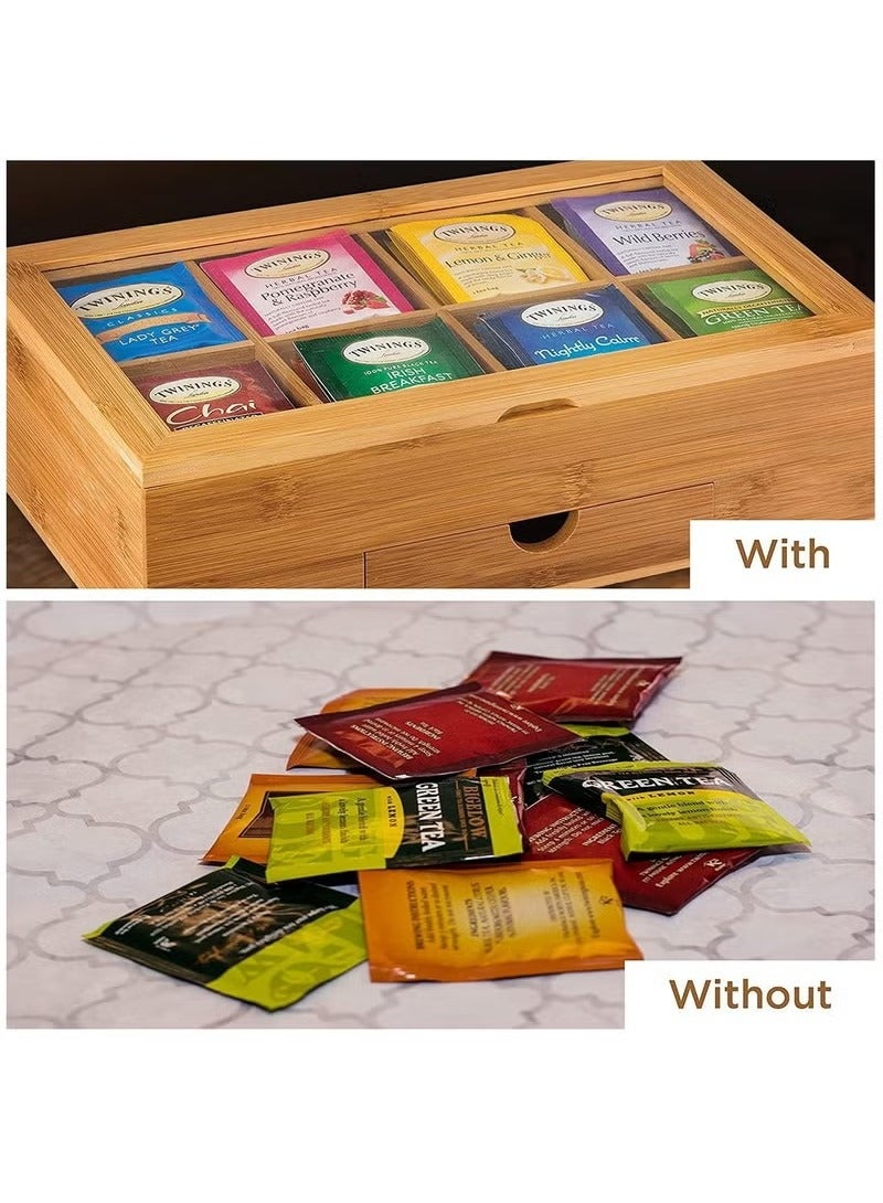 بيوينتي صندوق شاي من الخيزران، منظم تخزين مع 8 أقسام وسحّاب، صندوق تنظيم الشاي للأكياس والشاي المفتوح - Image 2