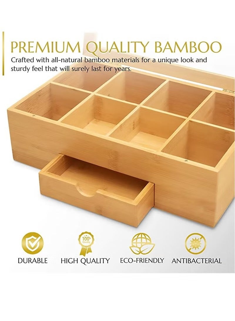 بيوينتي صندوق شاي من الخيزران، منظم تخزين مع 8 أقسام وسحّاب، صندوق تنظيم الشاي للأكياس والشاي المفتوح - Image 4
