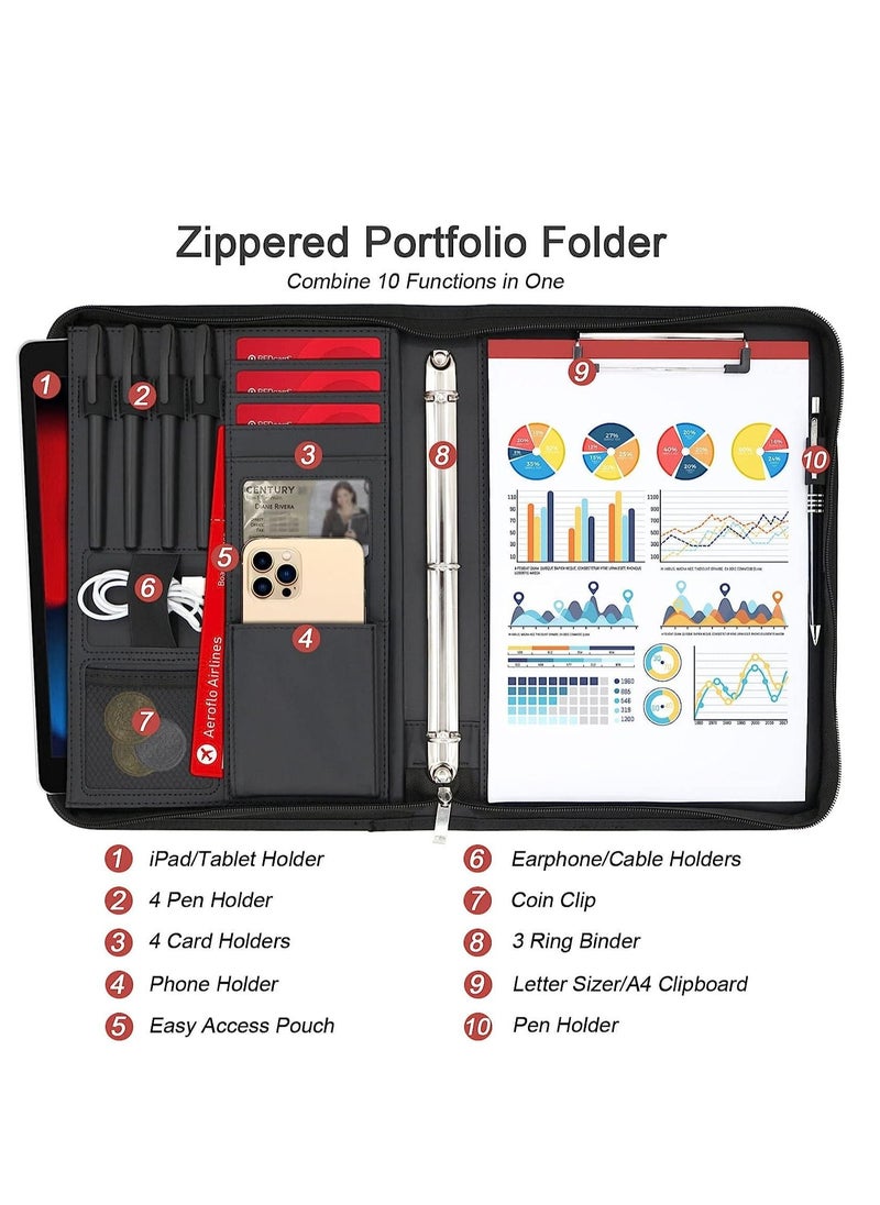 Excefore Portfolio Binder Organizer with Handle, 13.4 * 10 * 1.6 Inch Zippered Padfolio, Writing Pad Notepad Legal Size Detachable Business Folder Resume Interview Gift for Men Women  - Image 2