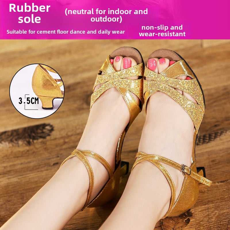 Generic 2021 Ladies Latin Dance Shoes Mid-Heel Sandals for Summer Gold 3 .. 5CM rubber bottom
