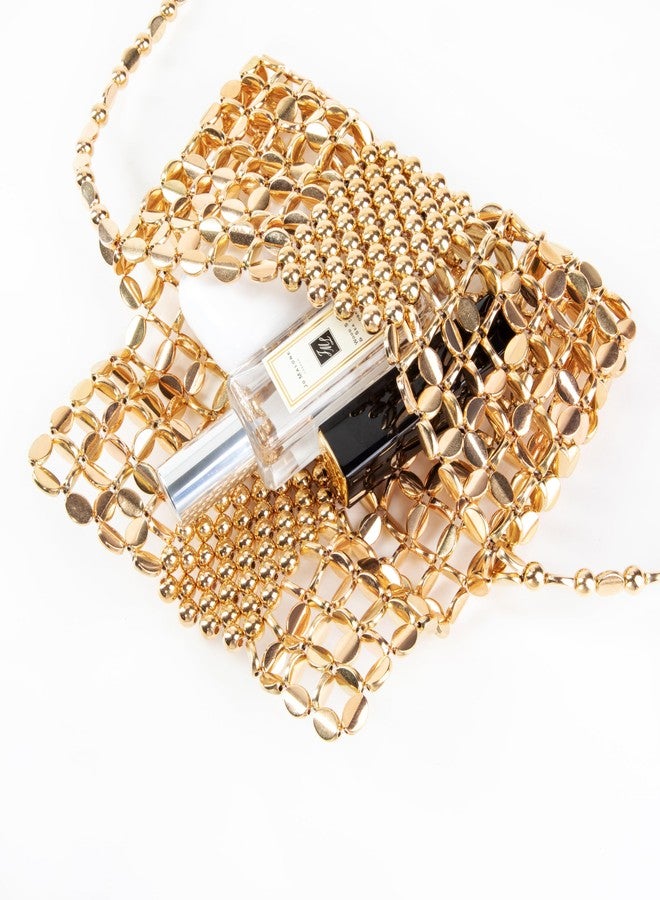 Abvokury Metallic Beaded Sequin Crossbody Bag with Lining | Acrylic Bead WOC | Elegant Wallet on Chain for Evening Galas (Gold) - Image 5