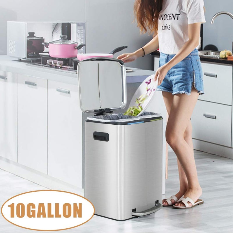 BestOffice Kitchen Trash Can with Lid for Office Bedroom Bathroom Step Trash Bin Fingerprint-Proof Brushed Stainless Steel Trash Can 10 Gallon/ 40L - Image 2