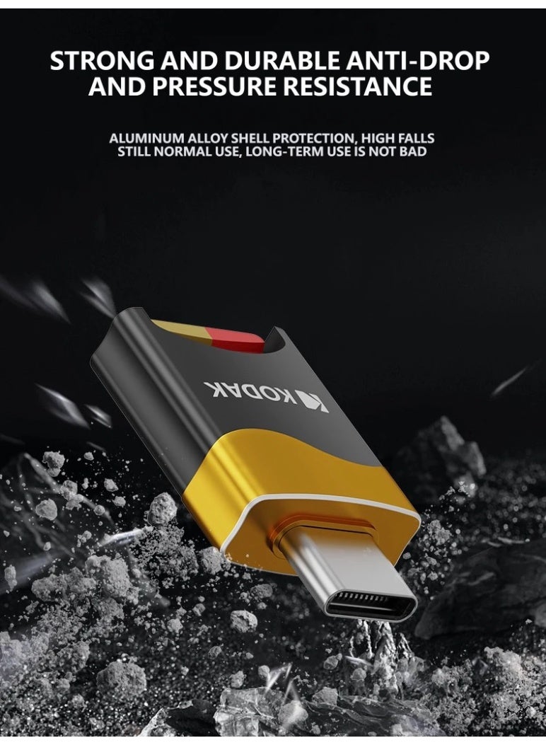 KODAK T330 USB3.0 Card Reader, Black-Gold, Type-C/USB-A Dual Interface, 2-in-1 SD/TF Memory Card Adapter, Compatible with Phones/Computers/Dash Cams BLACK/GOLD - Image 4