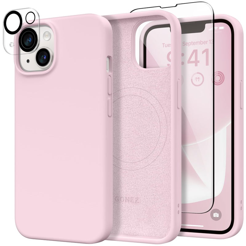 GONEZ Magnetic for iPhone 14 Case, Compatible with Magsafe, with Screen Protector + Camera Protector, Anti-Scratch Microfiber Lining, Liquid Silicone Shockproof Protective Phone Case, Pastel Pink - Image 1