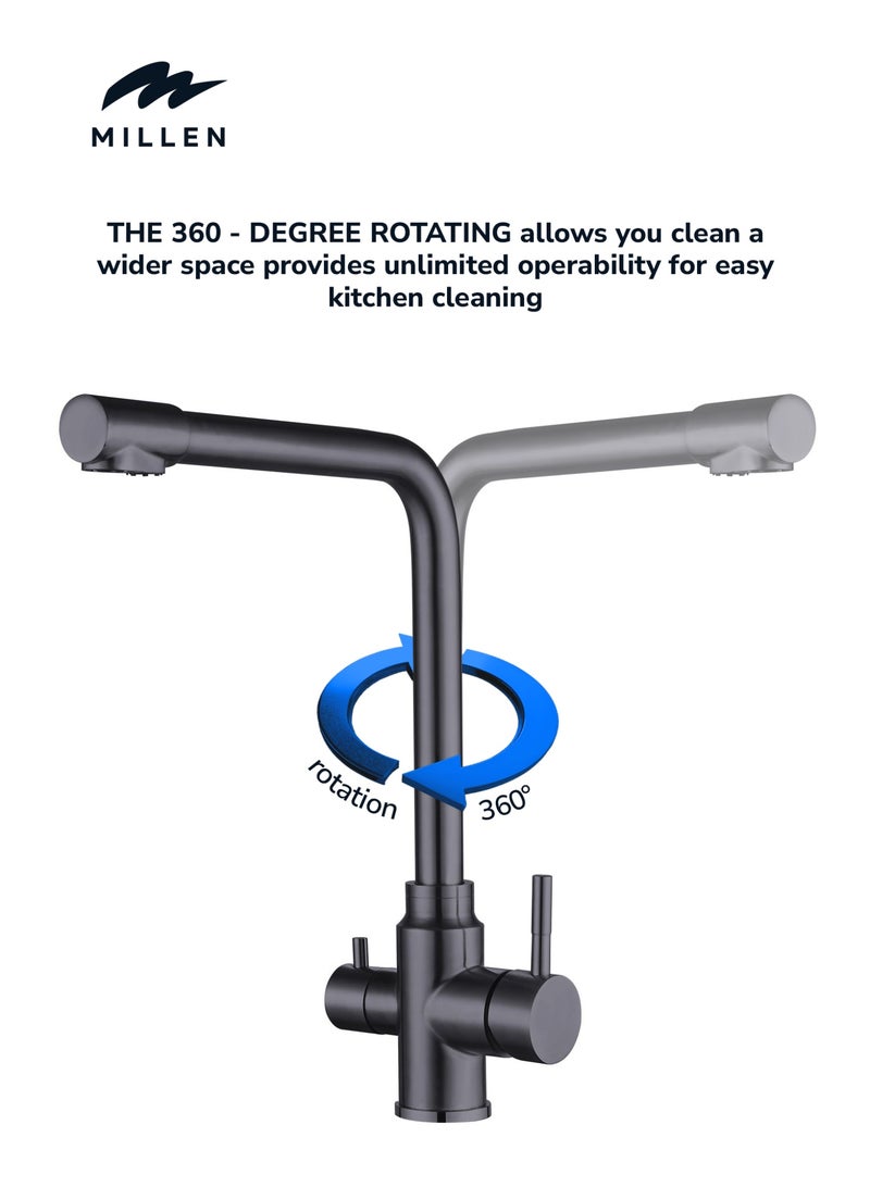 MILLEN MILLEN Single Lever Kitchen Faucet Mixer with 360° Swivel, Dual Outlet Water Function, Gunmetal Satin  - MMD201GM, 1Y Warranty  - Image 3