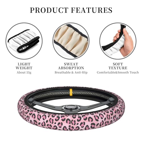 Gwwens Pink Leopard Print Steering Wheel Cover for Women, Universal Auto Steering Wheel 14-15 Inch Car Interior Accessories with 2PCS Car Coasters, Suitable for Men and Women - Image 4