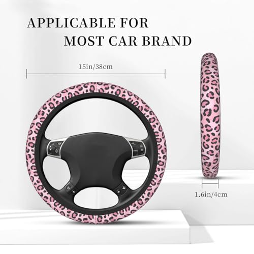 Gwwens Pink Leopard Print Steering Wheel Cover for Women, Universal Auto Steering Wheel 14-15 Inch Car Interior Accessories with 2PCS Car Coasters, Suitable for Men and Women - Image 3