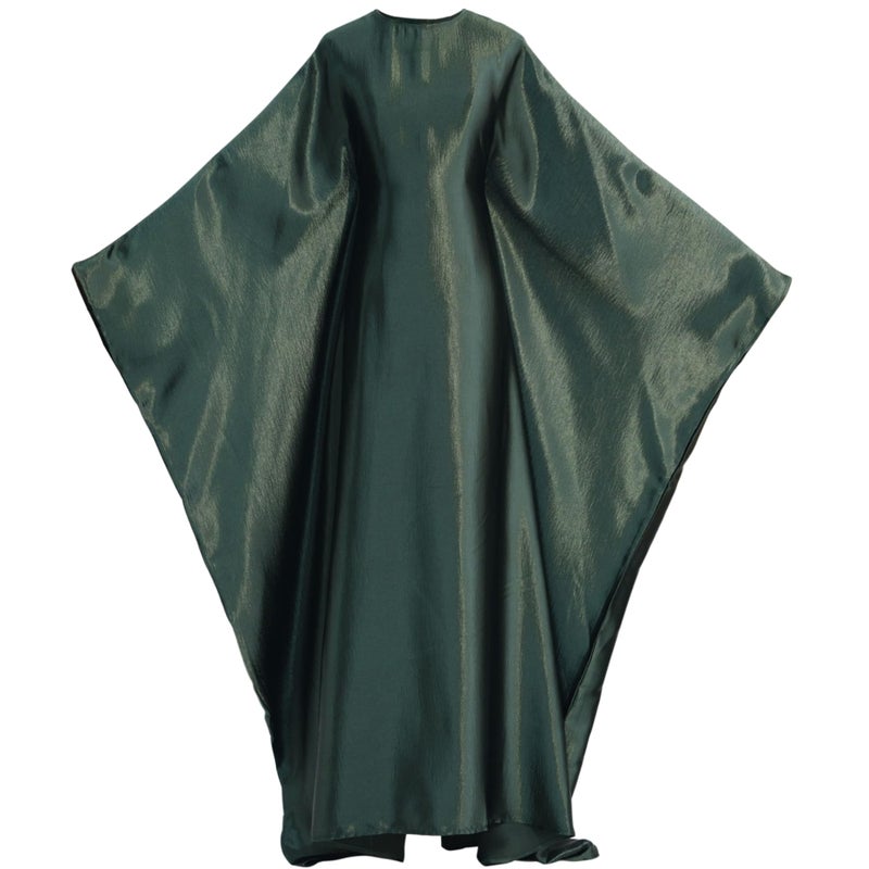 khalat Abaya Muslim Dress Women Satin Prayer Dress Batwing Long Sleeve Middle East Arabian Robe with Hijab Dark Green - Image 5