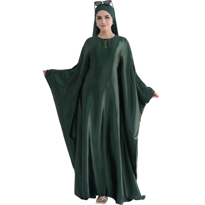 khalat Abaya Muslim Dress Women Satin Prayer Dress Batwing Long Sleeve Middle East Arabian Robe with Hijab Dark Green - Image 2