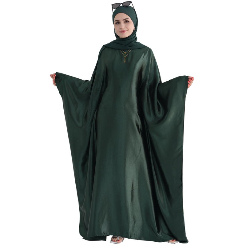 khalat Abaya Muslim Dress Women Satin Prayer Dress Batwing Long Sleeve Middle East Arabian Robe with Hijab Dark Green - Image 1