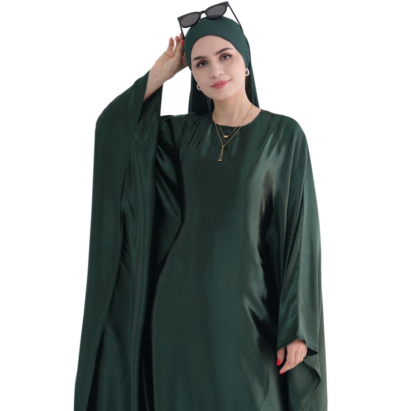 khalat Abaya Muslim Dress Women Satin Prayer Dress Batwing Long Sleeve Middle East Arabian Robe with Hijab Dark Green - Image 4