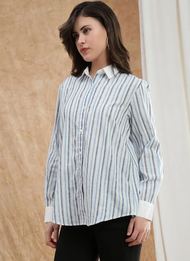 globus Globus Women Blue Striped Spread Collar Cuffed Sleeve Workwear Shirt