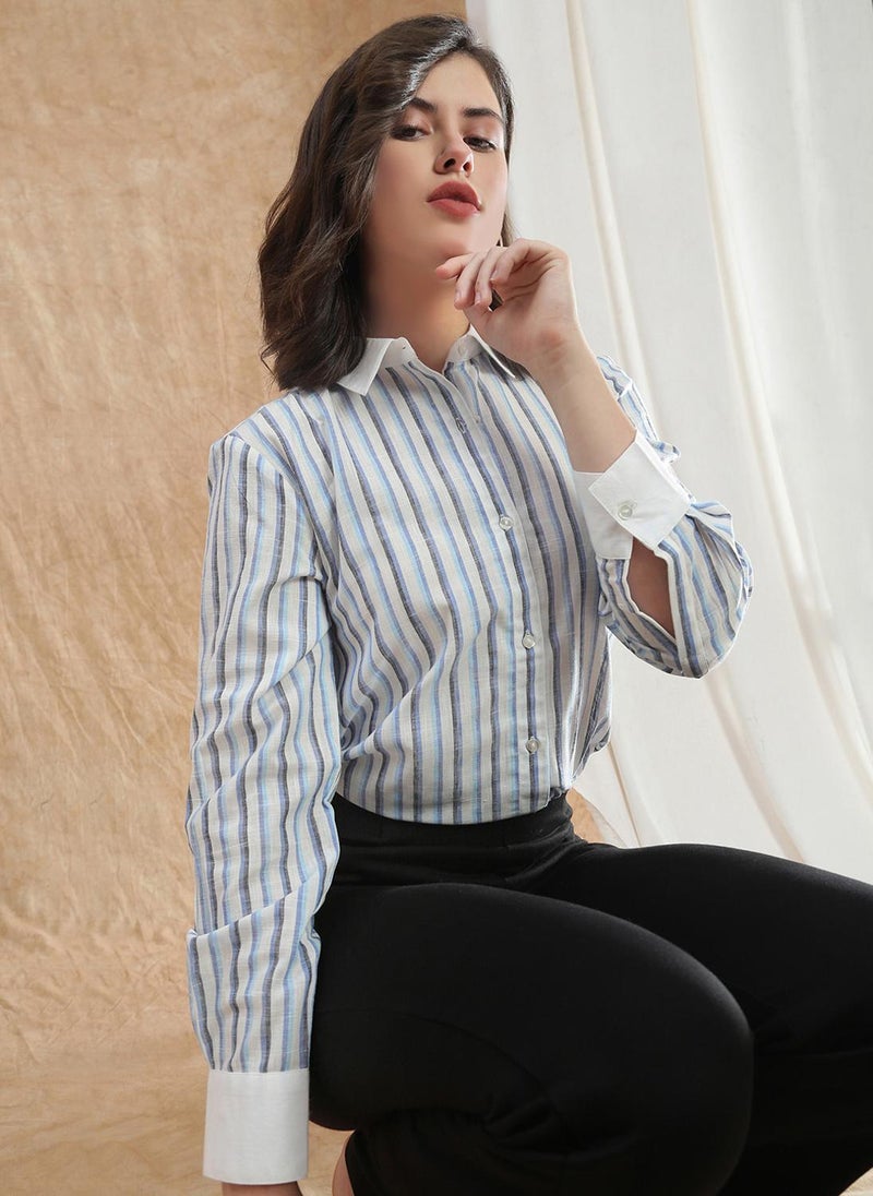 Globus Women Blue Striped Spread Collar Cuffed Sleeve Workwear Shirt - Image 3