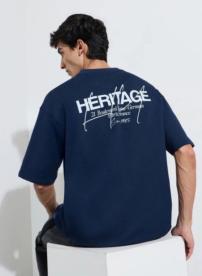Styli Navy Blue Slogan Print Crew Neck Oversized T-Shirt