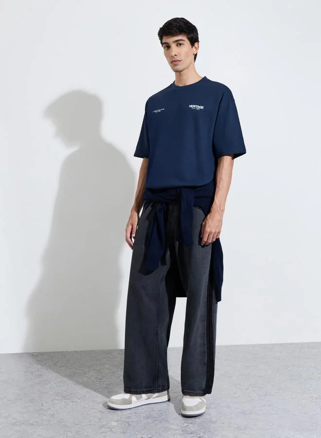 Styli Navy Blue Slogan Print Crew Neck Oversized T-Shirt