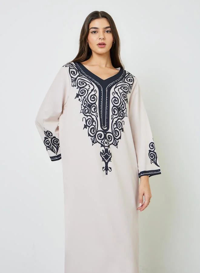 Take Two  Printed V Neck Strappy Jalabiya for Women | Best Price UAE