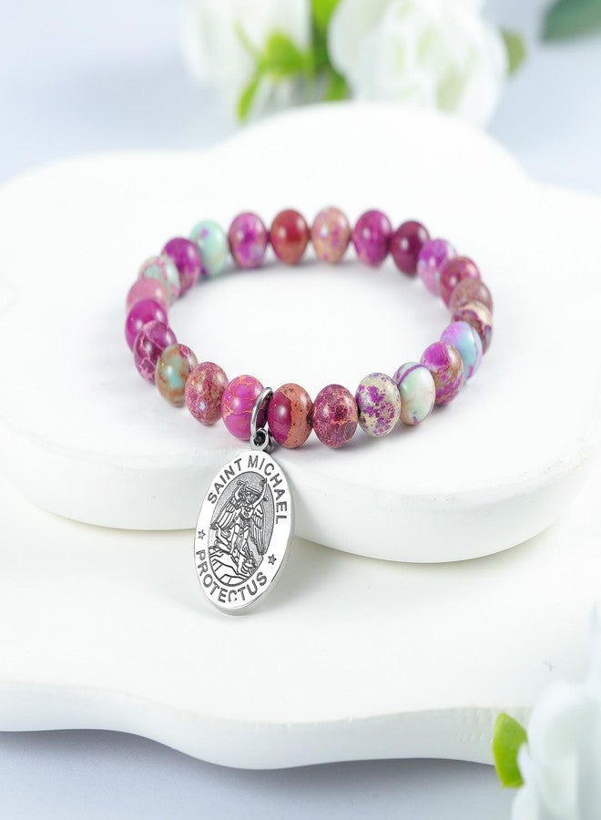 LIUANAN St Michael Bracelet for Women with Sea Sediment Purple Jasper Saint Michael the Archangel Religious Gift Christian Faith Jewelry Protection Bracelets (St. Michael Amethyst Bracelet) - Image 2