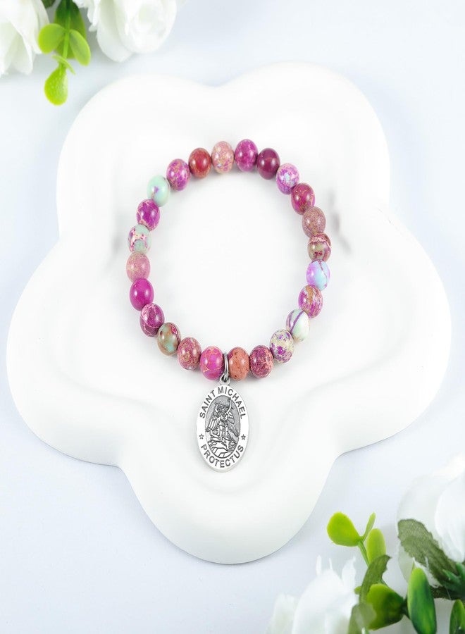 LIUANAN St Michael Bracelet for Women with Sea Sediment Purple Jasper Saint Michael the Archangel Religious Gift Christian Faith Jewelry Protection Bracelets (St. Michael Amethyst Bracelet) - Image 5