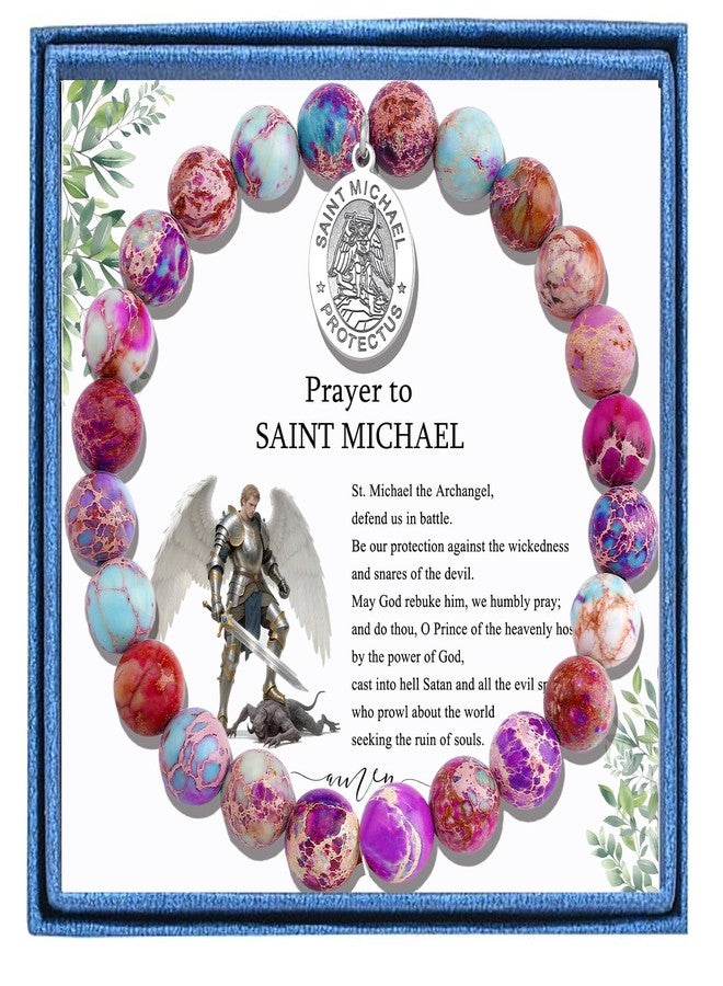 LIUANAN St Michael Bracelet for Women with Sea Sediment Purple Jasper Saint Michael the Archangel Religious Gift Christian Faith Jewelry Protection Bracelets (St. Michael Amethyst Bracelet) - Image 1