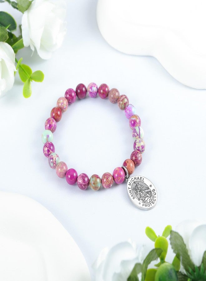 LIUANAN St Michael Bracelet for Women with Sea Sediment Purple Jasper Saint Michael the Archangel Religious Gift Christian Faith Jewelry Protection Bracelets (St. Michael Amethyst Bracelet) - Image 4