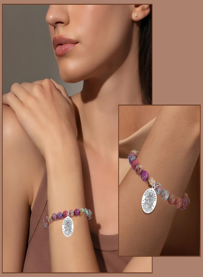 LIUANAN St Michael Bracelet for Women with Sea Sediment Purple Jasper Saint Michael the Archangel Religious Gift Christian Faith Jewelry Protection Bracelets (St. Michael Amethyst Bracelet) - Image 3