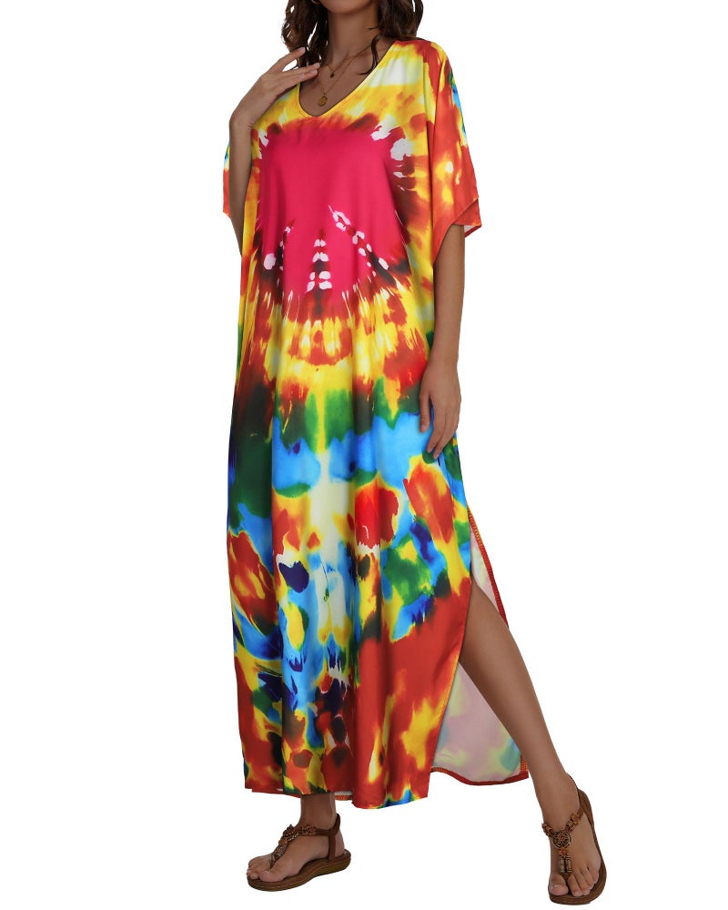 JILUVIN Kaftan Dresses for Women Plus Size V Neck Caftan Long Batwing Sleeve Swimsuit Cover Up Beach Swimwear (Red Spiral Printed,One Size) - Image 5
