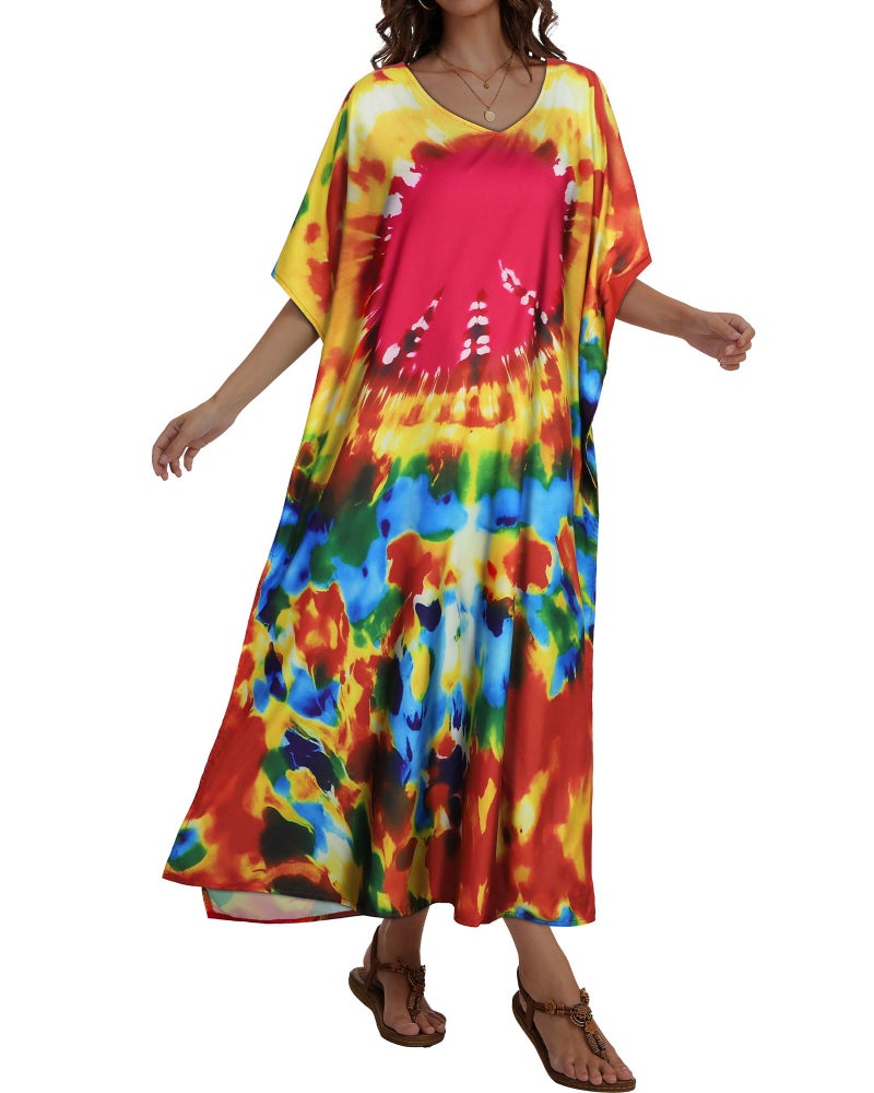 JILUVIN Kaftan Dresses for Women Plus Size V Neck Caftan Long Batwing Sleeve Swimsuit Cover Up Beach Swimwear (Red Spiral Printed,One Size) - Image 4
