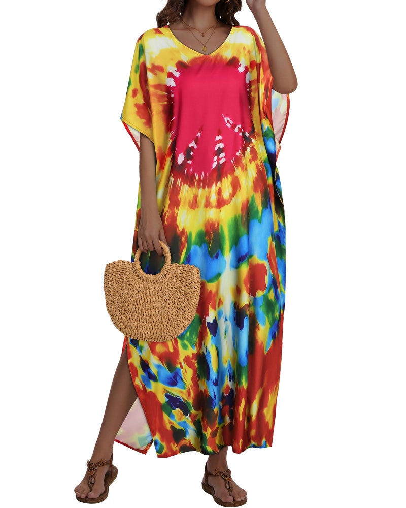 JILUVIN Kaftan Dresses for Women Plus Size V Neck Caftan Long Batwing Sleeve Swimsuit Cover Up Beach Swimwear (Red Spiral Printed,One Size) - Image 3