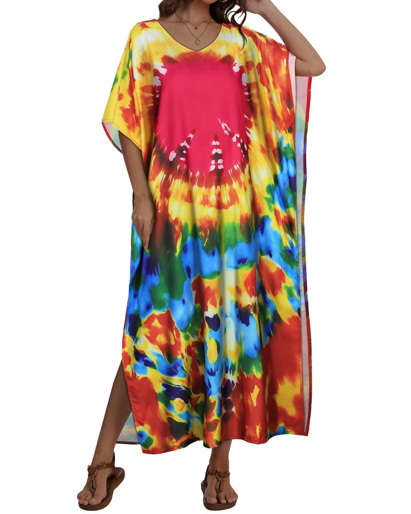 JILUVIN Kaftan Dresses for Women Plus Size V Neck Caftan Long Batwing Sleeve Swimsuit Cover Up Beach Swimwear (Red Spiral Printed,One Size) - Image 2