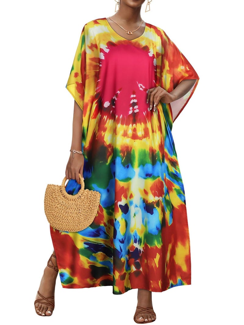 JILUVIN Kaftan Dresses for Women Plus Size V Neck Caftan Long Batwing Sleeve Swimsuit Cover Up Beach Swimwear (Red Spiral Printed,One Size) - Image 1