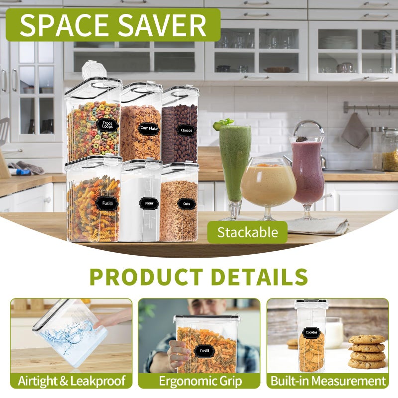 Skroam 4PCS Cereal Containers Storage [4L/135.2 oz], Airtight Food Storage Containers with Pour Spout for Kitchen & Pantry Organization Storage, Plastic Cereal Dispensers, Measuring Cup & 20 Labels - Image 3