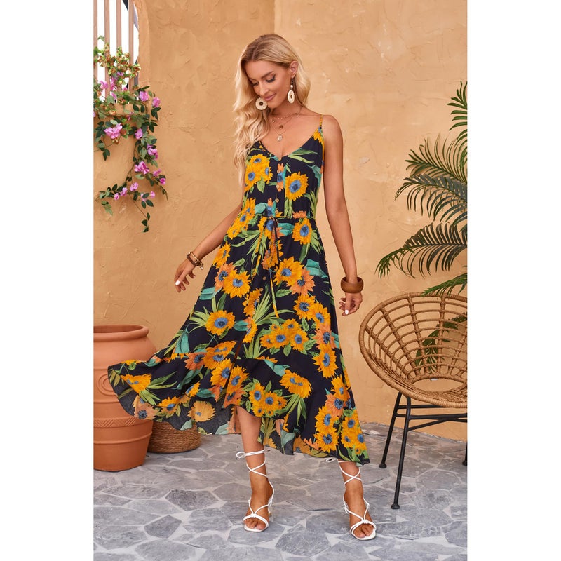 BROVAVE Women's 2026 Summer Casual Boho Sundress Polka Dot Spaghetti Strap V Neck Flowy Midi Dresses(008 Sunflower, Medium) - Image 3