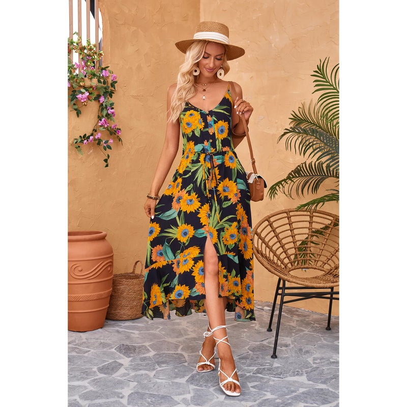 BROVAVE Women's 2026 Summer Casual Boho Sundress Polka Dot Spaghetti Strap V Neck Flowy Midi Dresses(008 Sunflower, Medium) - Image 4