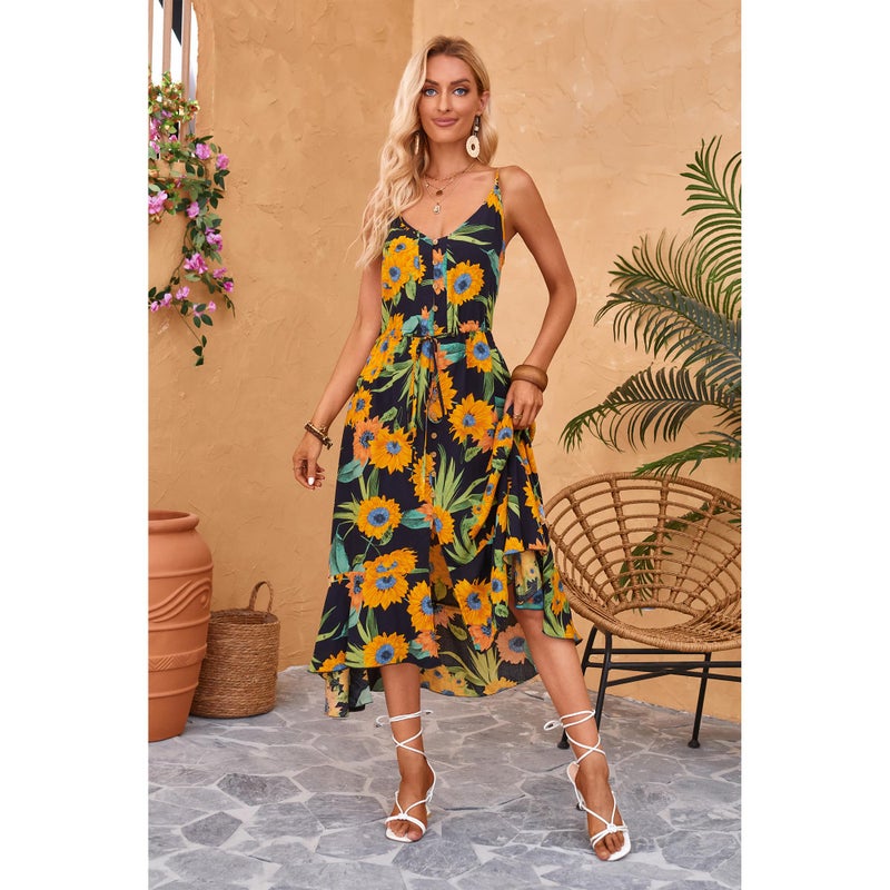 BROVAVE Women's 2026 Summer Casual Boho Sundress Polka Dot Spaghetti Strap V Neck Flowy Midi Dresses(008 Sunflower, Medium) - Image 5