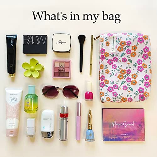 STARDW Aesthetic Floral Makeup Bag Cute Small Cosmetic Bags for Women Girls, Travel Toiletry Bag Large Capacity Zipper Makeup Pouch, Purse Organizer Pouches (Pink Flowers) - Image 4