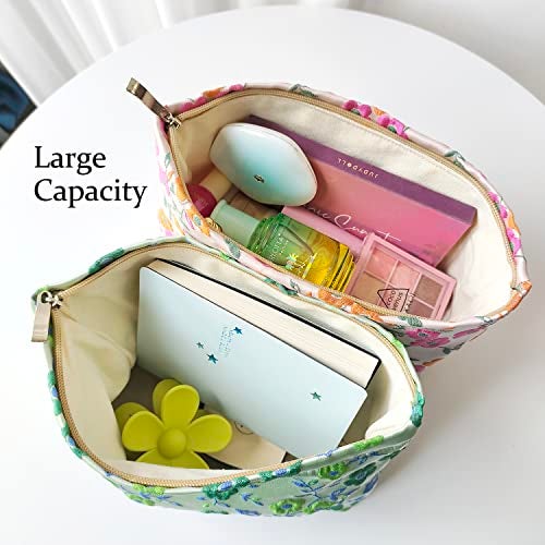STARDW Aesthetic Floral Makeup Bag Cute Small Cosmetic Bags for Women Girls, Travel Toiletry Bag Large Capacity Zipper Makeup Pouch, Purse Organizer Pouches (Pink Flowers) - Image 5