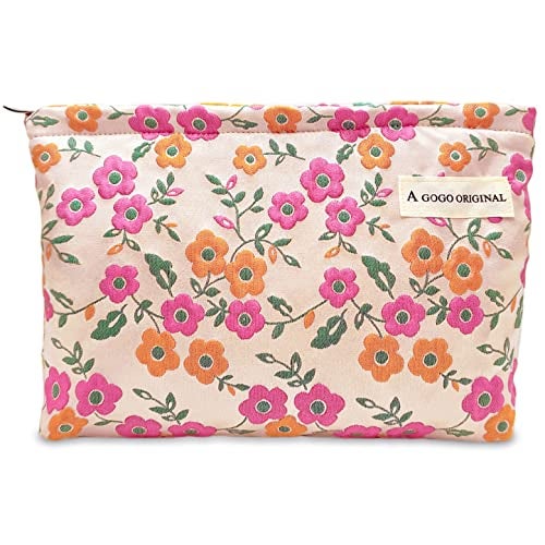 STARDW Aesthetic Floral Makeup Bag Cute Small Cosmetic Bags for Women Girls, Travel Toiletry Bag Large Capacity Zipper Makeup Pouch, Purse Organizer Pouches (Pink Flowers) - Image 1