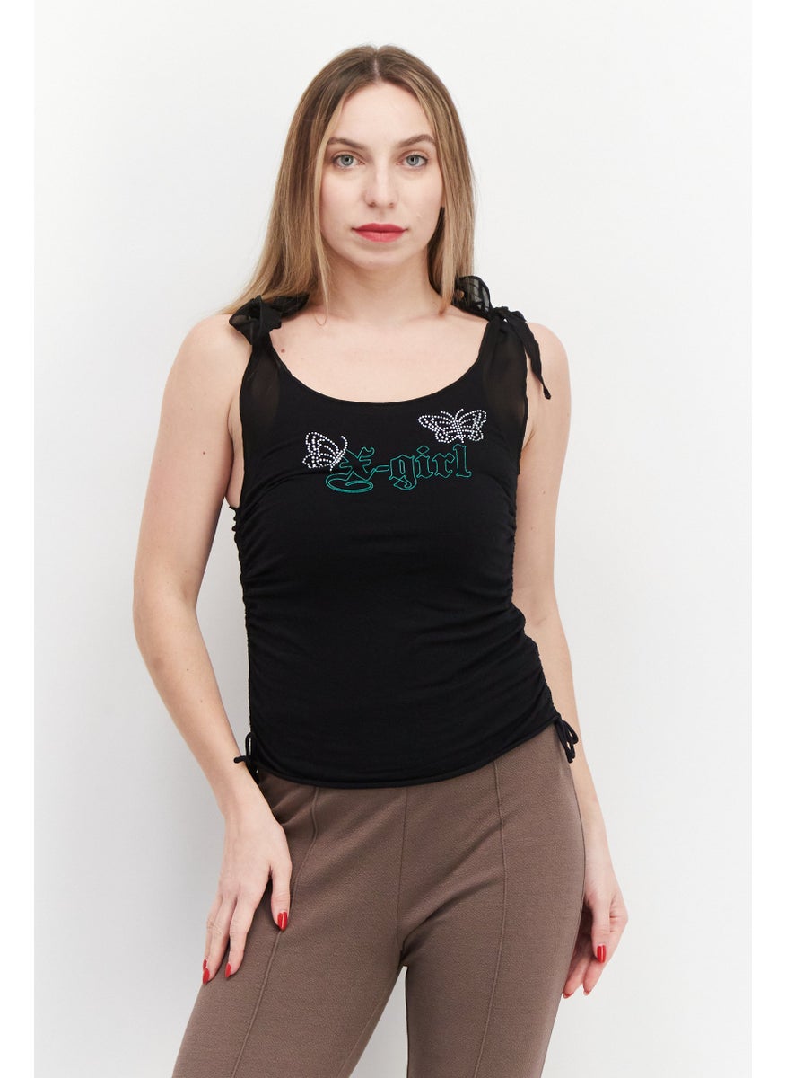 X-Girl Women U-Neck Tie Sleeveless Rhinestone Top, Black  - Image 1