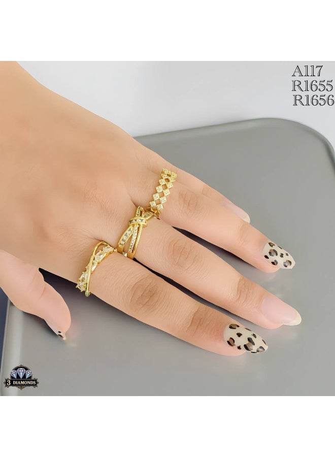 3Diamonds Gold Plated Women’s Band – Interlock Design with Sparkling Zircon Stones  - Image 2