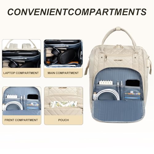 KROSER Laptop Backpack 17 Stylish Backpack Water Repellent College Casual Daypack with USB Port Travel Business Work Bag for MenWomenBeigeQuilted - Image 3